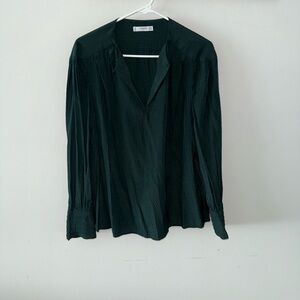 Mango Dark Green Textured V-Neck Long Sleeve Blouse